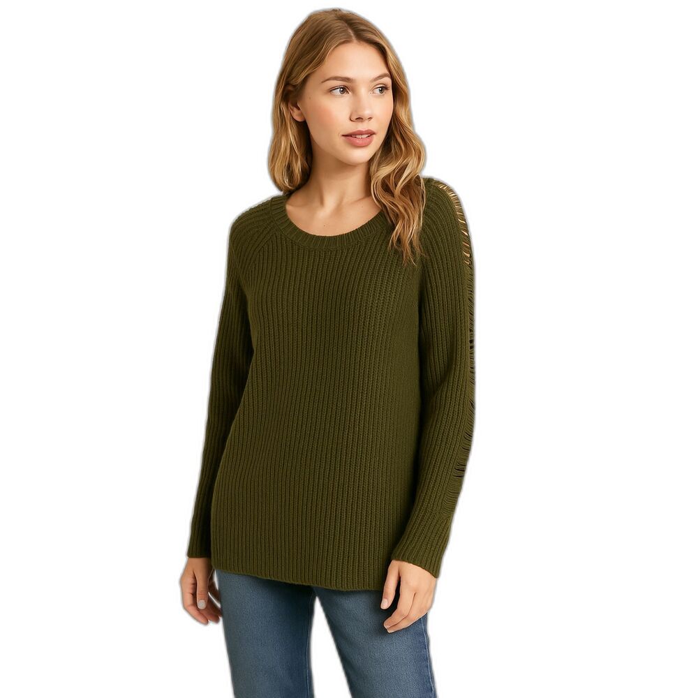 Love Riche cotton/wool blend distressed SLEEVE sweater SIZE S OLIVE GREEN